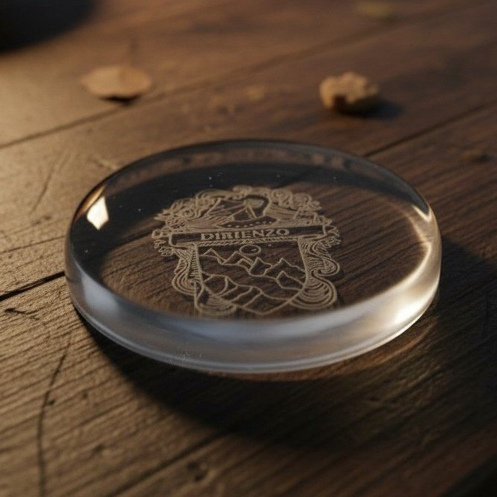 Shield Coat Of Arms Glass Paperweight, Etched Dirienzo‎ Crest, Office Decor